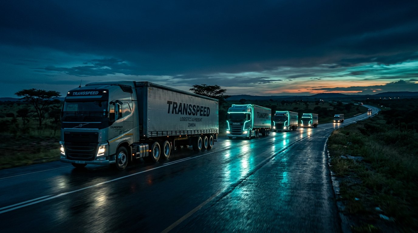 TransSpeed truck convoy at dusk in Zambia